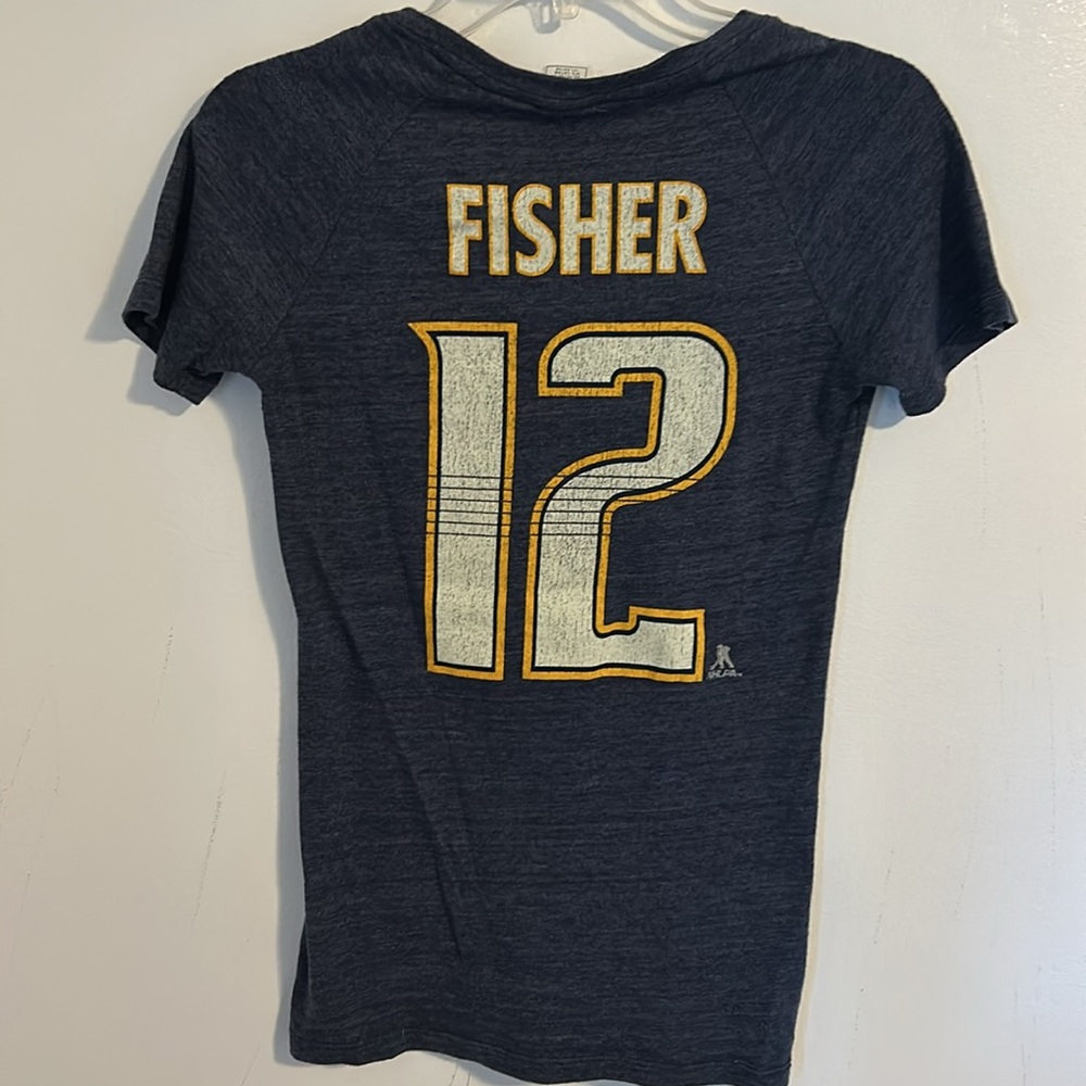 Women’s CCM Nashville Predators V-Neck #12 Fisher Jersey T-Shirt Navy Blue Sz S